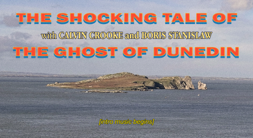 Red and blue The Ghost of Dunedin Intro Credits